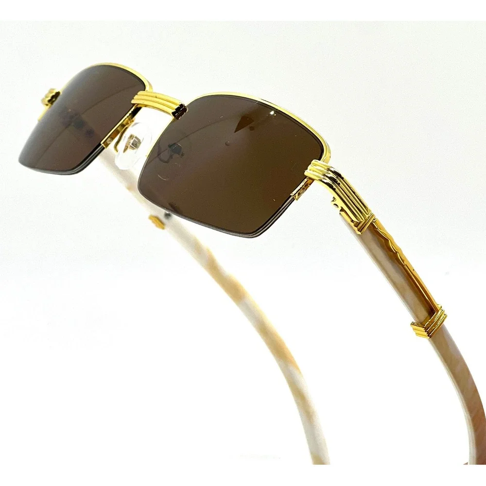 Gold Frame Sunglasses Brown Lens Rectangle Fashion Hip Hop Style Retro 80's 90's